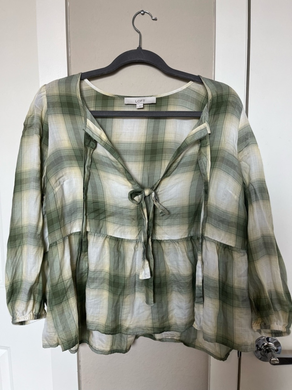 LOFT Green Plaid Tie-Neck Peasant Blouse